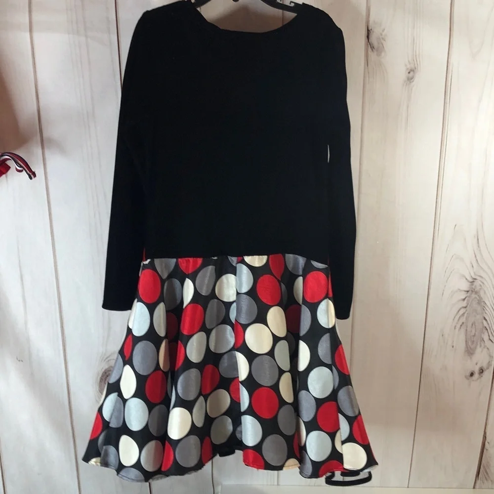 Ashley Ann Christmas Dress Black Velvet Red Gray White Dot Skirt Girls 8 NWOT